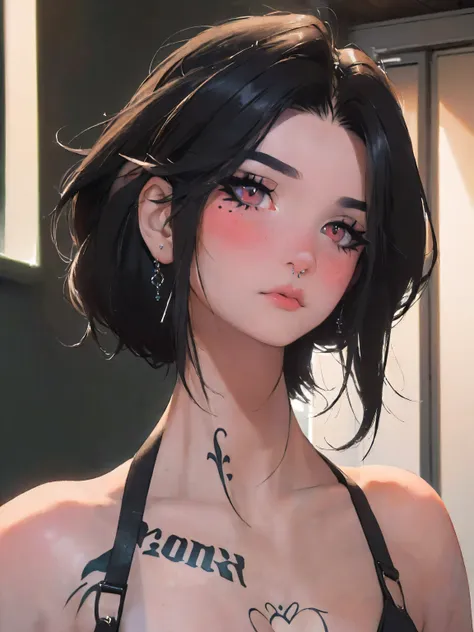 ((((masterpiece, best quality, high resolution)))), Extremely detailed 8K, Beautiful girl with slender body, e-girl, milkgore, tik tok girl, medium breasts, black hair, ((tattoos, septum piercing, e-girl makeup, nose blush))
