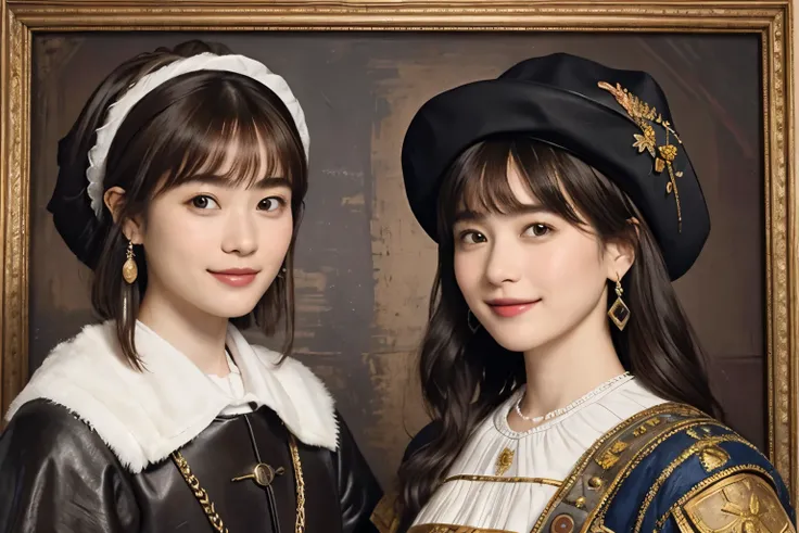 323 (A 20-year-old woman and a 20-year-old man), (      super real ), (High image quality), (  my hair on my short nose     ), (smile), ((      gorgeous costume     )), ((Rembrandt painting))