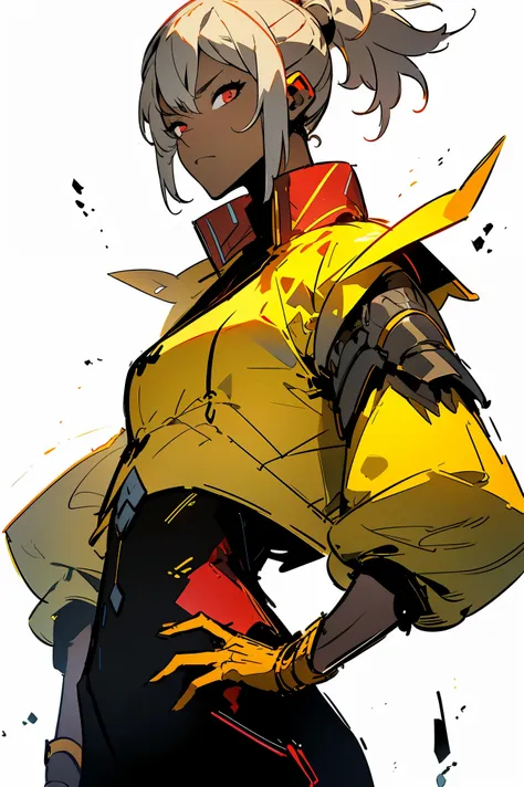 midly muscular darkskin woman fantasy clothes, white short hair in a ponytail, red eyes, yellow jacket, black cargo pant, intric...