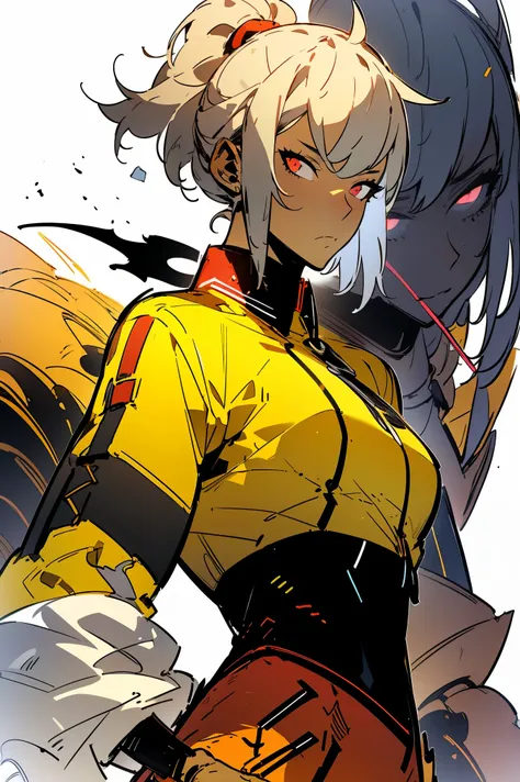 midly muscular darkskin woman fantasy clothes, white short hair in a ponytail, red eyes, yellow jacket, black cargo pant, intric...