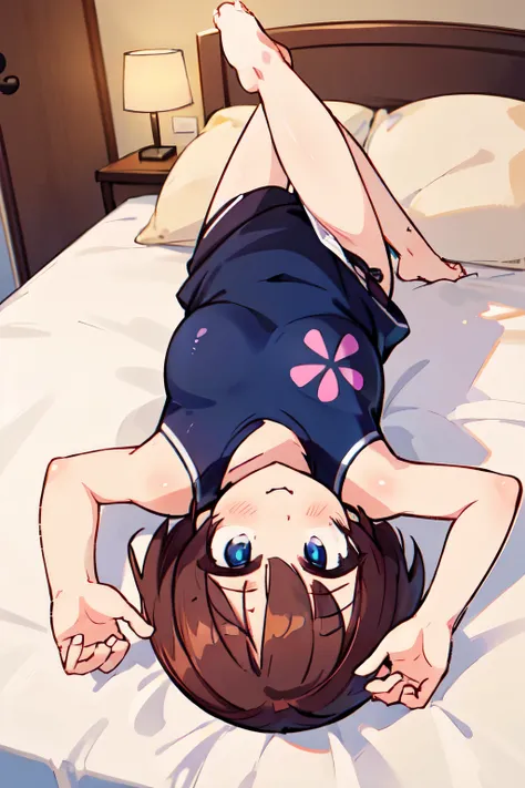 helga haruka,  blue eyes,  review,  shorthair,  swimsuit,  1 girl, blush， love hotel bed