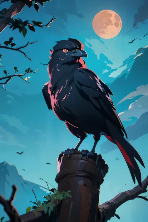 A sturdy crow ,  looking forward with a fierce and defiant look,  perched on a branch ,  environment under the background dark clouds and a moon with a mysterious and enveloping aura, with an equally ,  highest quality , 8k,  super detailed