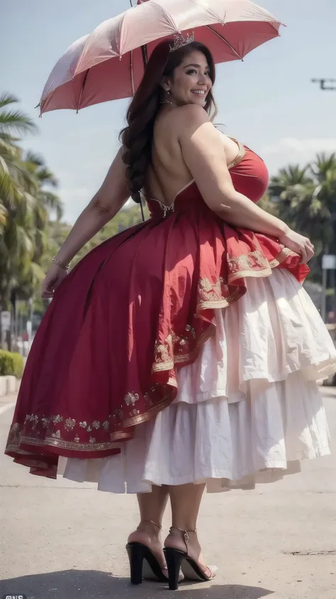 pov from behind, half zipped back shoulder,middle-aged french tall and thick woman with red umbrella，seen from behind very tall ...