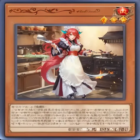  inspired by Master of the Legend of St. Lucy、Close up of a card depicting a woman in the kitchen  , [  tarot card  ]!!!!!, inspired by Master of the Legend of Saint Lucy,   Rias Gremory , cooking, Lamia, Alchemist Girl , Appears as the Goddess of Fire, Ma...