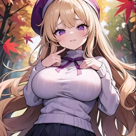   1 girl,   short 、blonde , Blonde、Long Hair, Curly hair、 purple eyes ,  1 girl 、 Autumn leaves background、 very big breasts 、Bitch、Seductive、Big Breasts,  , pink lips、  knight 、Best shadow、Best lighting、Knitted hat、Bundle、（（ high neck、 Long Sleeve 、braid ...