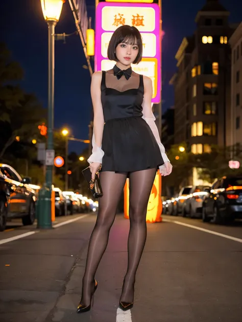  cute young woman,  short black hair ,   Brown Eyes  , ,上品な Halloweenドレス,   Ultra Realistic Pantyhose 、Street lights,neon,Bustling city background ,  Halloween 、( princess eyes ), Noble, Royalty, High image quality, masterpiece, Advanced Details,   full bo...