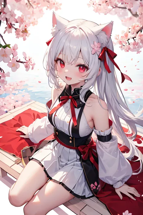 High definition, 4K, 16k, White hair, cat ears, red eyes,  cute  빨간색 옷, Lori, teenage girl, ,  cute , The younger ,  red ribbon on the head, white short skirt, Long hair, Clothes that show armpits from above , laughing, cherry blossom background, Woman 1, ...