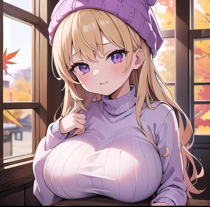   1 girl,   short 、blonde , Blonde、Long Hair, Curly hair、 purple eyes ,  1 girl 、 Autumn Scenery Window Sill 、indoor、 very big breasts 、Bitch、Seductive、Big Breasts,  , pink lips、  knight 、Best shadow、Best lighting、Knitted hat、Bundle、（（ high neck、 Long Slee...