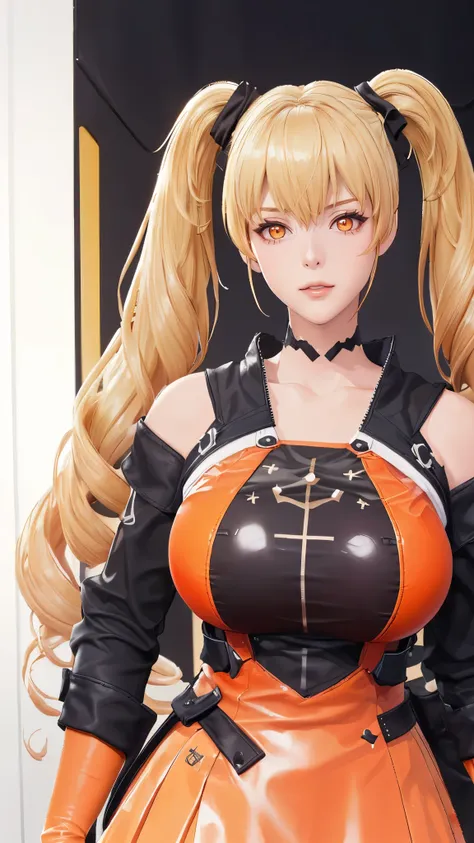 (（（figure，御姐figure,White and tender skin,（（（FenNib , long_sleeves_skirt,  thigh_holster, elbow_gloves, hairclip,  strap, ）））,(（（twintails, Blonde_hair, orange_eyes,））),，((masterpiece)), highres icon,((Best quality at best)),masterpiece,quality,Best quality...