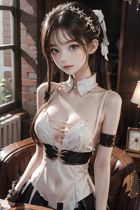 masterpiece, best quality, very detailed , pretty girl, teenager, smaller breasts, thin waist,Blonde, ponytail, perfect eyes, very cute,Gothic Maid, maid clothes,White headdress,slender,Living room decorated in European style, Luxurious and sophisticated a...