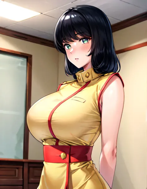 fayuiry,black hair,black eyes,yellow dress,uniform,shiny yellow dress,shiny unifrom,(large breasts:1.55),(shiny,hair),((solo)),((masterpiece)),((best quality)),perfect anatomy,slim waist,perfect image,8k UHD,(beautiful detailed eyes:1.5),extremely detailed...