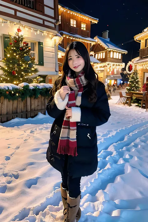 A young Japanese girl with long, straight black hair is strolling through a charming Swiss village during Christmas time. She is dressed warmly in a cozy winter coat, scarf, and boots, her dark hair flowing gently in the cold breeze. The streets are adorne...