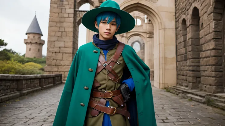  is a young man with blue hair and a calm expression。 wears a long green coat 、 orange scarf around my neck which has an overall sophisticated warrior vibe。 fastens his belt over his coat 、 wears black gloves in one hand 。 wears a long green and white hat ...