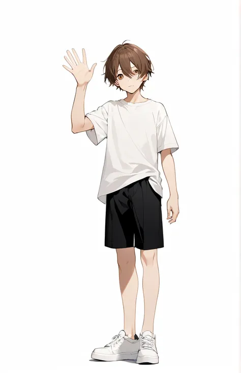 High image quality、 Super Fine、 high quality、Negative face、Male middle school student、、 Brown Medium Hair、 plain white t-shirt without logo、Black shorts、white sneakers waving hands 、 Brown Eyes 