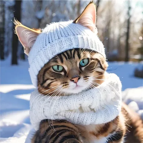 masterpiece, best quality, ultra-detailed, realistic, (1cat:1.0), (knit cap:1.0),(snow)