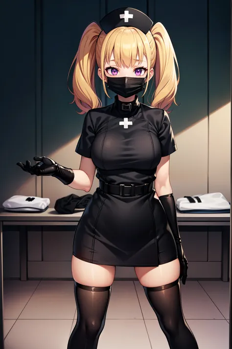 black nurse, 1girl, solo, black nurse cap, black nurse uniform, ((black legwear, zettai ryouiki)), black elbow gloves, twintails, yellow hair, purple eyes, ((black surgical mask, covered nose)), standing, ((surgery room)), sharp outline, short sleeves, bes...