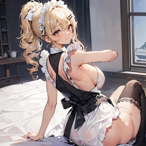 ((   best quality)), ((masterpiece)), (    Details),   1 slender girl、One Gal、 ((( Big Breasts、Blonde、   ponytail、     curly hair、Brown Skin、   Tanned Skin、Belly button exposed、 abs、Maid、Black maid outfit、     Maid clothes that show your back、 apron dress ...