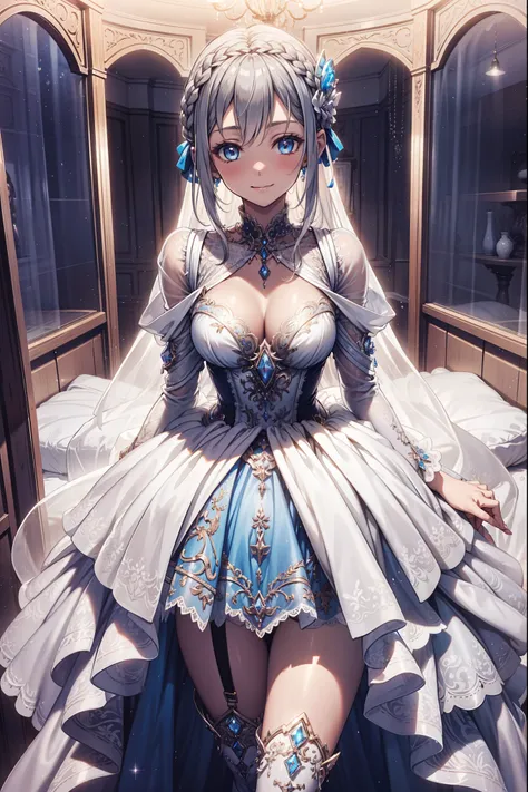  teen girl ，Obsessed， Have Fun ，in love，(Western Magic White Dress)， silver hair， blue eyes， translucent clothes，Exquisite hair accessories， transparent lace ，Sky blue pattern，night， Exquisite clothing ，bedroom， alone ，night，Engraved suspender boots， exqui...