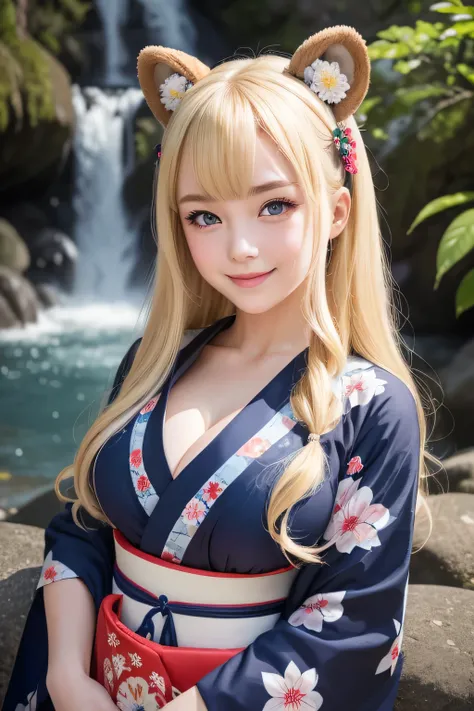  Detailed face of a girl with bear ears,  smiling,( blonde hair )(Navy blue pupils )( deep blue pupils ),(well detailed pupils),neckline,super big breasts, Kimono Geisha Yukata Sweet dress Floral print traditional Japanese costume,small waist 50 cm, very l...