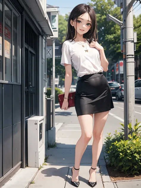 (1girl:1.8),4K,masterpiece, face,Symmetrical facial features, eyes with detailed instructions, pretty woman smiling at school,Age 25:1.5), great style , ( slender:1.5),( small ass , Thin Thighs ), detailed depiction of a face, small earrings , Necklaces , ...