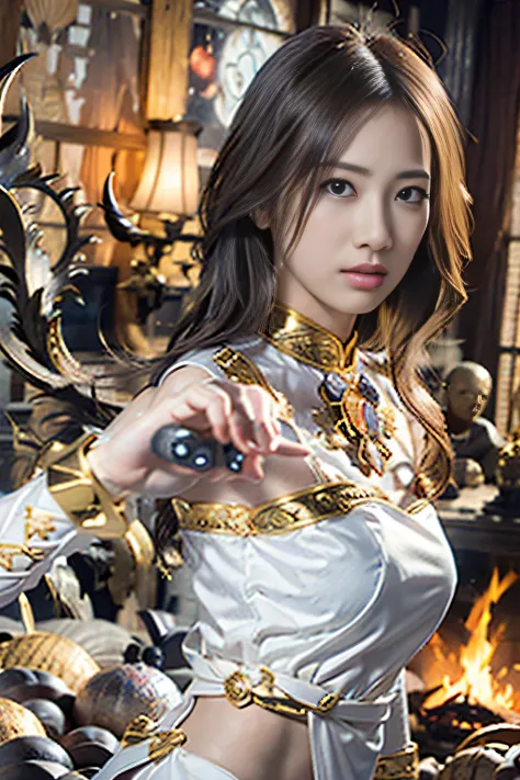 (8k,    best quality, masterpiece), (Realistic, photoRealistic: 1.37),  super detailed,    one girl   , {  Demon Warrior with Light   }, Wide angle ,   Big bouncy breasts   ,   Very delicate depiction   ,    MINIATURE PAINTING   ,    detailed depiction of ...