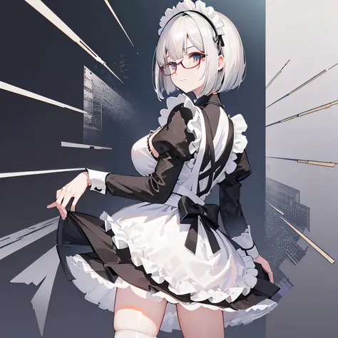 (masterpiece), (     best quality), (  super detailed),    1 slender woman 、、(((Big Breasts、Maid、Black maid outfit、  Maid clothes with visible back、 white apron dress 、  Black Stockings  、     miniskirt、   silver hair、  Detailed skin texture from a virtual...