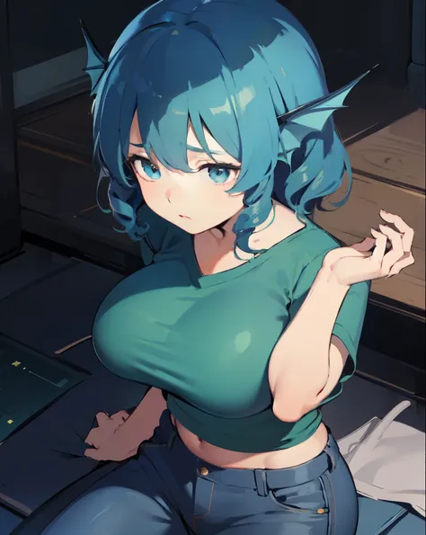 wakasagihime, 1women, big breasted , blue hair, short hair, blue eyes, head fins, T-shirt, pants, passive look, expressionless, masterpiece, best quality,