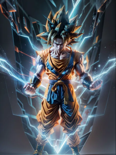 (half-body photo)，Super Saiyan Super，(Transparent Goku:1.2)，(Clear plastic body:1.2)，( High-gloss plastic body：1.2),(cyber punk perssonage)，(dreamy glow)，（globalillumination)，Ray traching， (High-density imaging)，The rendering is not realistic，Rational desi...