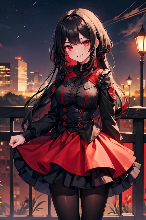 1girl,black_hair,long_hai,long_bang,red_eyes,red_eyeshadow,coquettish,laughing,blacktights,skirt,night,fence,