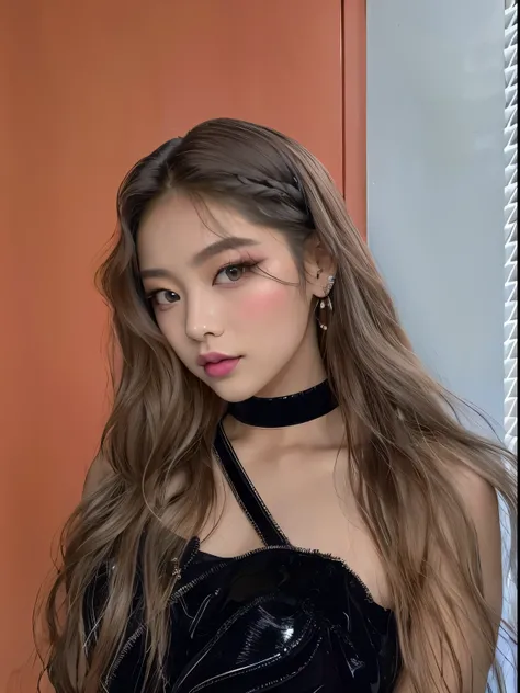 A close-up of a woman with long hair wearing a black dress, Retrato de jossi de blackpink, jossi de blackpink, roseanne park of blackpink, cl, Blackpink Jennie, with long hair and piercing eyes, Popular South Korean makeup, Sakimichan, tzuyu twice, with l...