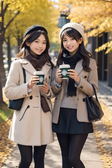 ((masterpiece)), japanese, ((two girls)), smiling, in autumn mountain, (pitch black tights), scarf, starbucks cup, a line of gin...