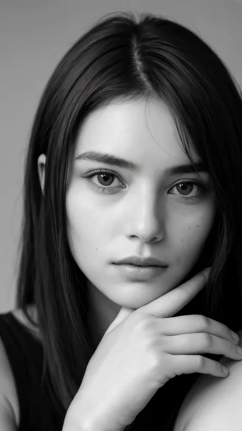 > A realistic, close-up black-and-white portrait of a young woman with her face in sharp focus. Her left hand is gently placed over her left eye, with her fingers resting delicately on her cheek. Her right eye gazes directly at the viewer with an intense, ...