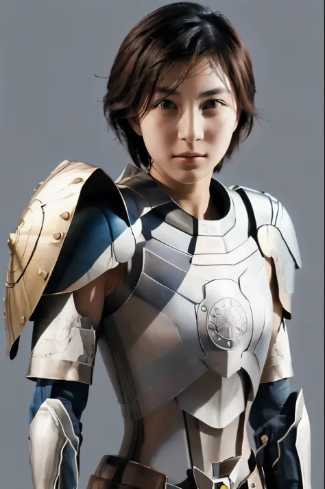 face up 、armor、 arm shield、kamifu 、 helmet 、 1 girl、 photographically, beautifully detailed face,  simple background, alone、 sma...