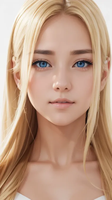 (((Blonde、High tone color、forehead、Russia、Northern Europe、White background)))、highest quality、8K masterpiece、超A high resolution、(Realistic:1.3)、RAW Photos、1 girl、Golden Hair、Glowing Skin、1. Super beautiful dress、((Ultra-Realistic Details))、Portraiture、Glob...