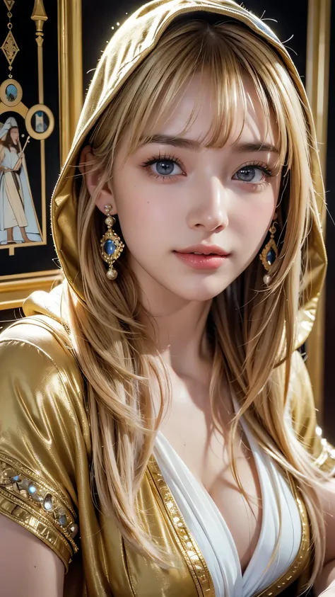  masterpiece ,  best quality,  ultra high resolution, (photoRealistic:1.4),  RAW Photos, 8K Photo,  Impressionist Paintings , Realistic,  Gold Earrings 、  beautiful eyes、Beautiful young girl smiling， hooded clothes ，((( blond girl with bangs,))) Fortune Te...