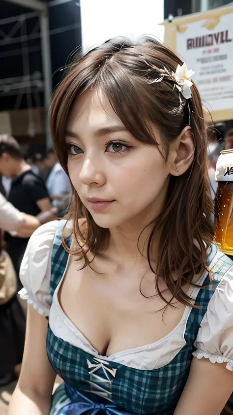 ( Festival:1.25、Holding a beer、 seen from the front:1.9)、(Realistic、 as in the picture 、live-action、8k, Realistic,  RAW photo,   best image quality: 1.4),  SLR camera 、 RAW photo,  best quality, Realistic,  High Definition CG Unity 8K Wallpaper ,  in four-...