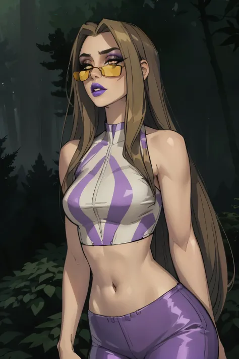 (darcy), yellow eyes, brown hair with blonde streaks, very long hair, (casualoutfit), (purple eyeshadow, purple lips, crop top, ...