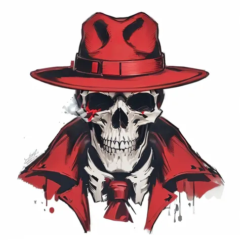 a skull wearing a red hat and a red coat, glowing red skull, red skull, red hat, he has a red hat, red face, profile pic, one eye red, the plaguefather, 🕹️ 😎 🔫 🤖 🚬, mobster, gungrave, ( ( ( skeleton ) ) ), red faced, nose of red skull, red hoods