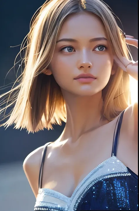 (she looks like gemma ward:0.9), (idol, stage:1.4), straight hair, narrow eyes, flat chest, (jumping, from below), looking at viewer, (full body), (Realism:1.4), (hyper realistic:1.4), (realistic:1.3), (soft light:1.05), (Improve lighting quality in movies...