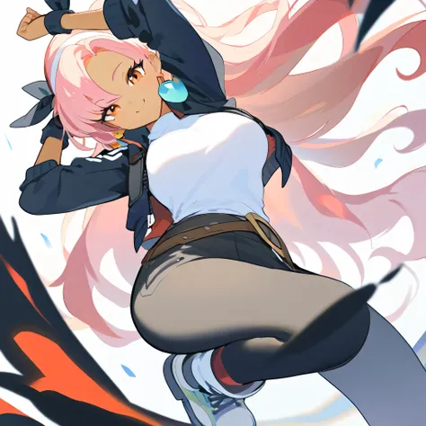  score_9,  score_8_up,  score_7_up,  score_6_up,  one girl  , Pink Hair,  Shorthair, red eyes, Dark Skin,   pink hair, Big Breasts、((black jacket with rolled up sleeves)), Fingerless gloves,  white sleeveless shirt, (( white headband)),  black spats, White...