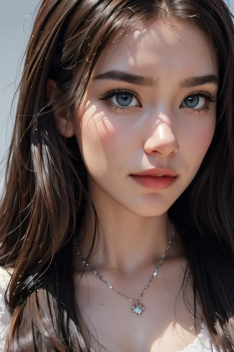 1girl, solo, looking at viewer, realistic, portrait, brown hair, long hair, lips, jewelry, necklace, closed mouth, eyelashes, nose, grey eyes, blue eyes,