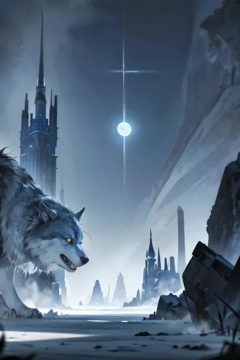 backdrop of a wasteland. huge, ice wolves The faint moonlight shimmers on the frozen terrain, with bright shadows. The color palette is dominated by frosty white, Silver, and dark blue