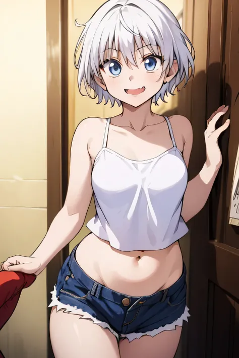 masterpiece、最 High Quality 、 High Quality 、 1 girl、Alone、 open your mouth、tongue、looking at viewer、Killua Zoldyck、 white camisole、belly button、 denim shorts、Girls with medium breasts、 cowboy shots、 Silver Hair、camisole with an white、(trembling:1.3)、smile、