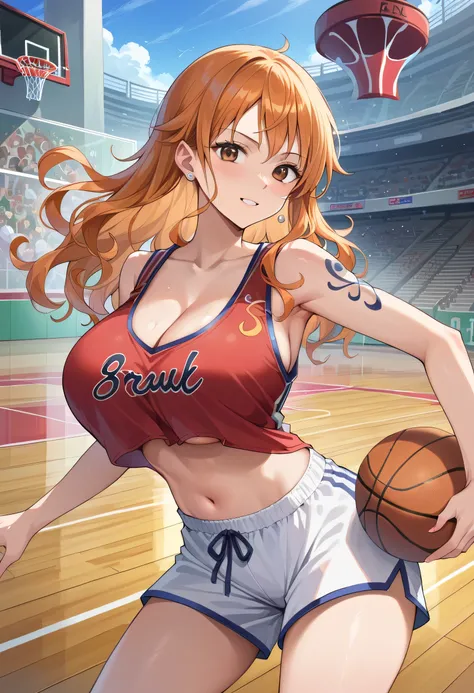 
score_9, score_8_up, score_7_up, score_6_up, score_5_up, score_4_up, BREAK source_anime, city, outdoor, nami_post, orange hair, long hair, wavy hair, side locks, brown eyes, large breasts, cleavage, basketball outfit, (big boobs:1.3), short pants, red shi...