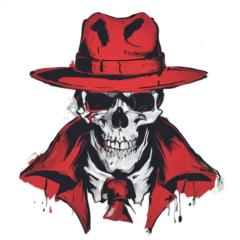 skull wearing red hat and red coat with red tie, rorschach, gungrave, red skull, red hat, glowing red skull, nose of red skull, ...