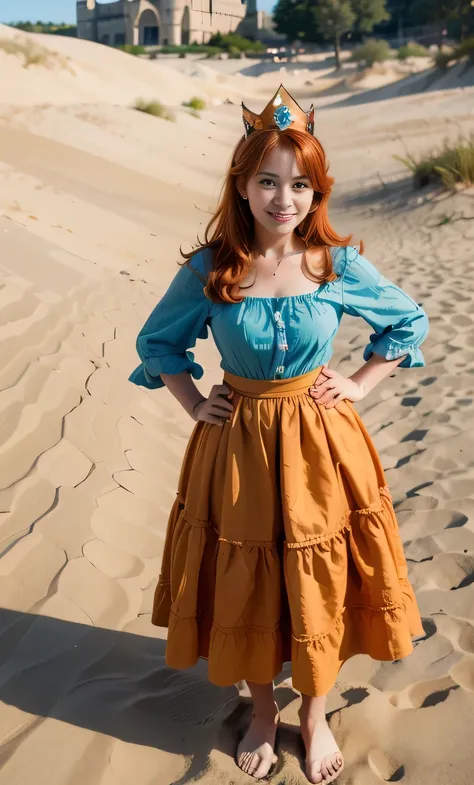 masterpiece, best quality, solo, 1girl, orange hair, blue hair, :D, orange dress, looking at viewer, outdoors, sand, sand dunes, huge castle, crown, standing, full body, cowboy shot, hands on hips, 