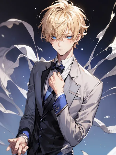 blonde hair, blue eyes, mysterious, cool, young male teenager, short hair, formalwear, soft face, messy hair, softie, soft smile, handsome, slim and thin body, soft boy, glowing eyes