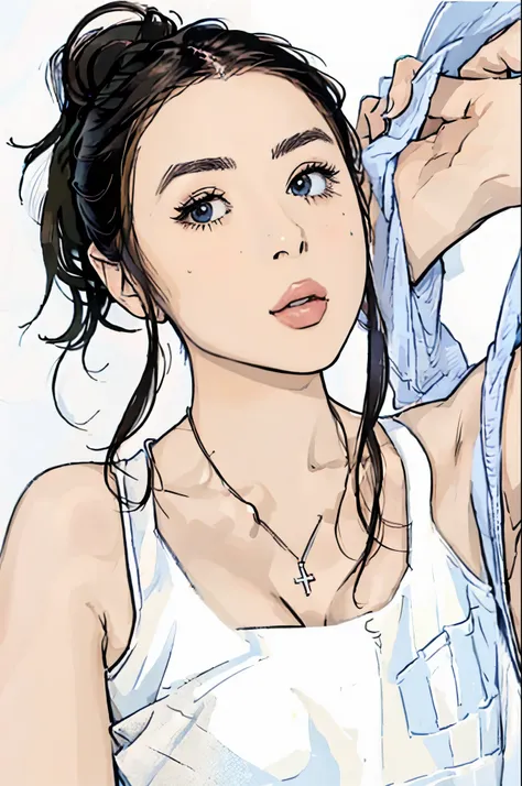 woman、 1 girl、illustration、 beautifully detailed face,  simple background, alone、 ponytail、 white tank top  、 see who sees 、 sho...