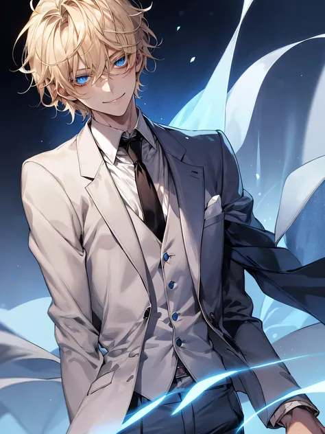 blonde hair, blue eyes, mysterious, cool, young male teenager, short hair, formalwear, soft face, messy hair, softie, innocdent smile, handsome, slim and thin body, soft boy, glowing eyes