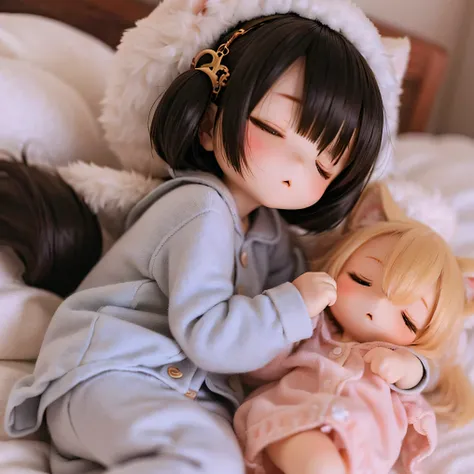 Shiba Inu girl sleeping in chibi pajamas、Girls sleeping in bed